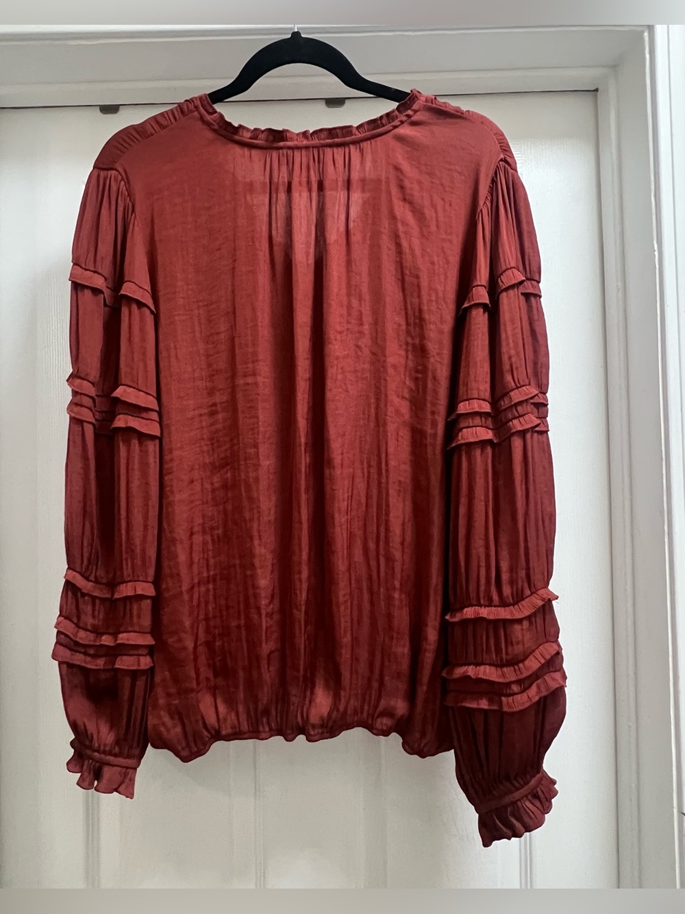 Rust Red V-Neck Ruffled Long-Sleeve Blouse - Picture 2 of 4